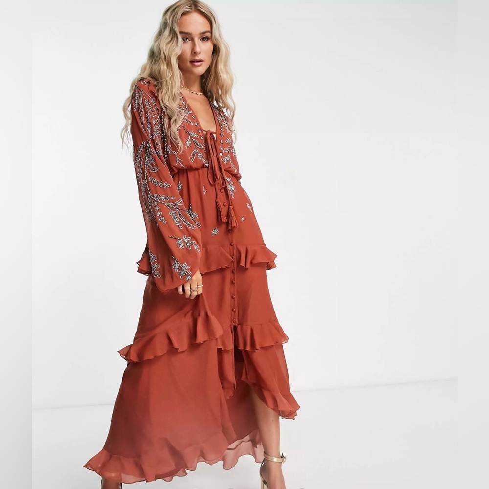 ASOS soft maxi dress with button front and trailing floral embellishment in rust